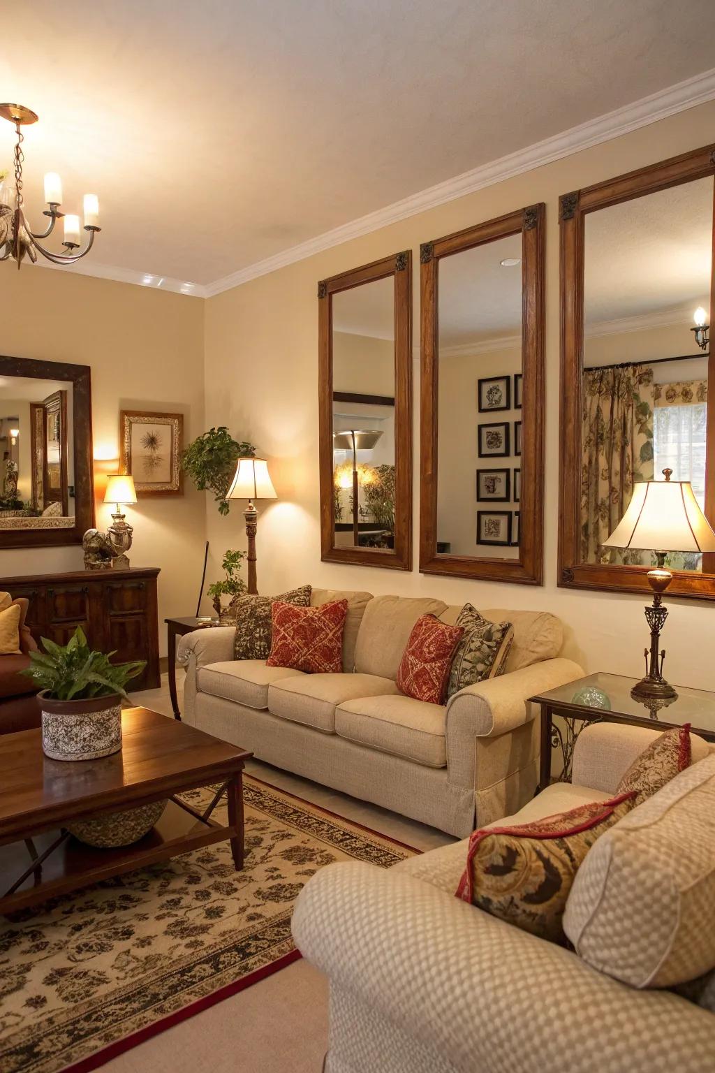 Mirrors reflect light and enhance the spacious feel of this glam living room.