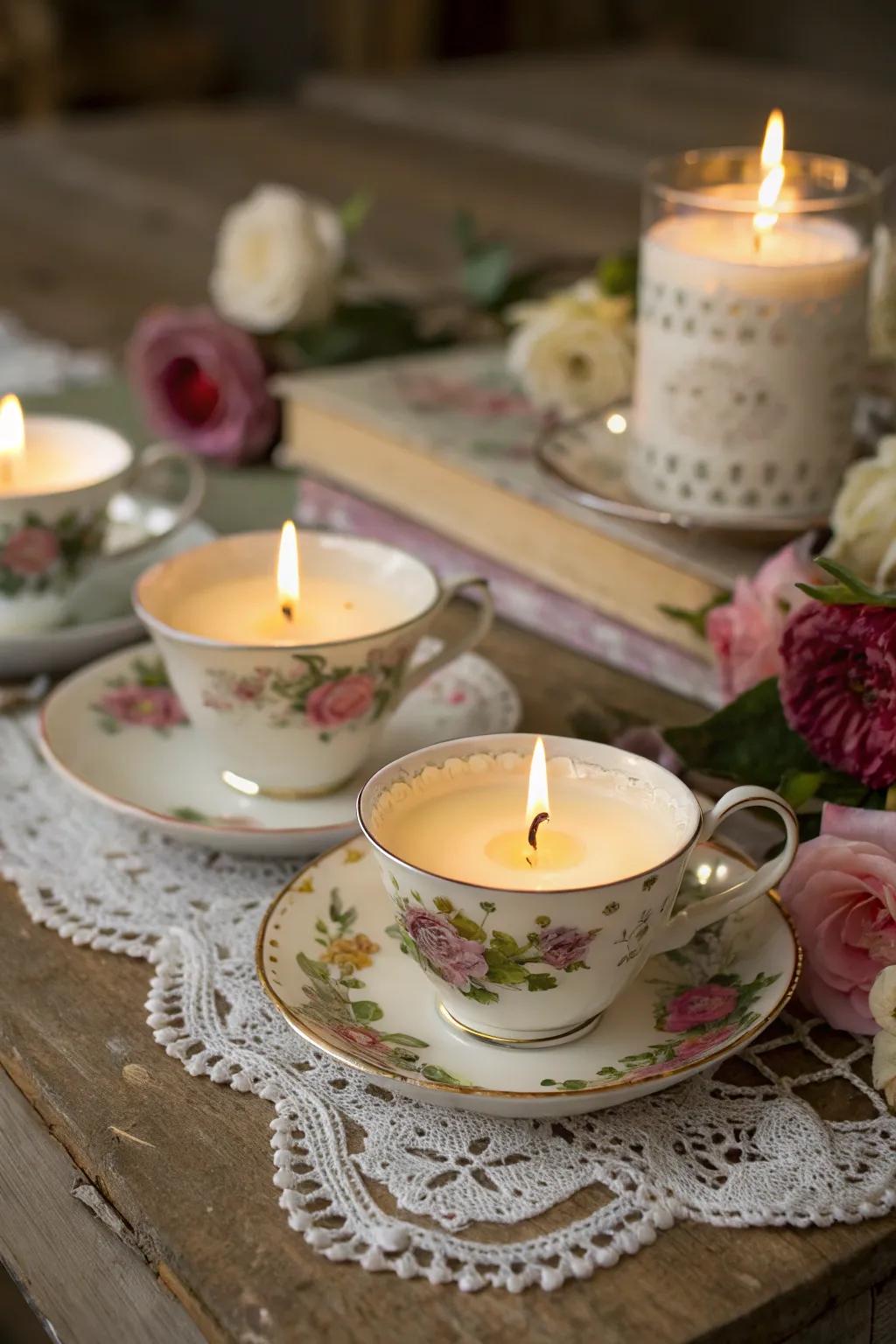 Charming candles made from vintage teacups add whimsy and warmth to any party.