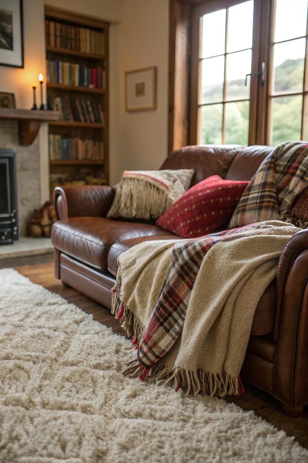 Textured rugs and throws add layers of comfort to the den.