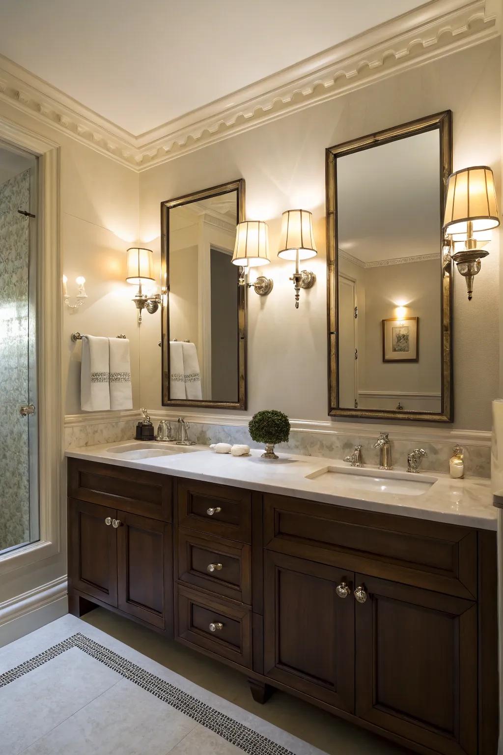 A bathroom featuring elegant sconce lighting above the vanity.