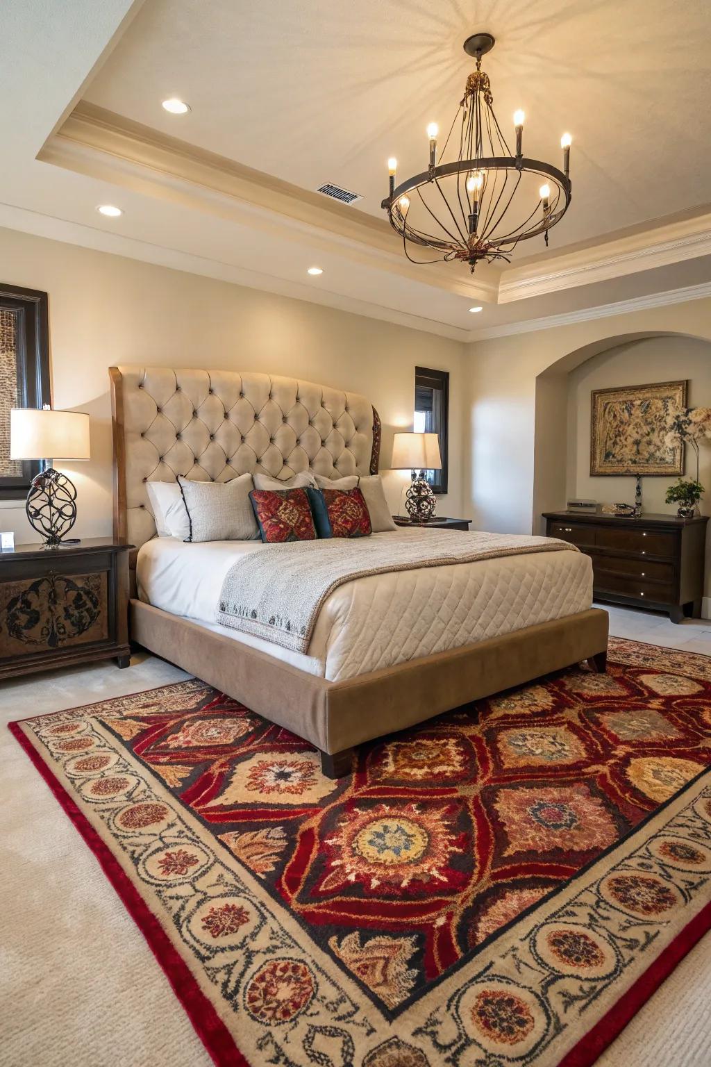 A statement rug adds personality and warmth to your bedroom.