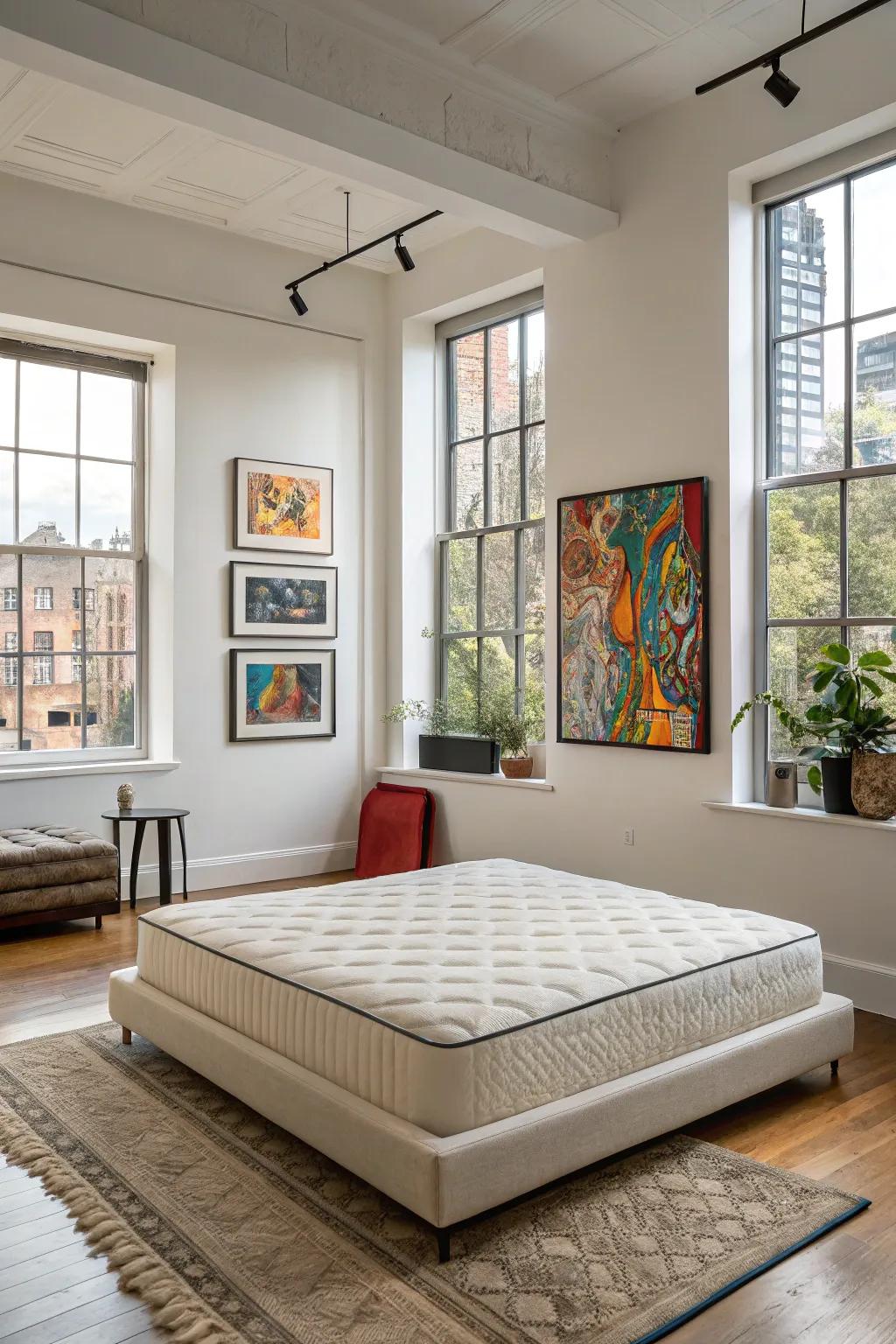 Blend modern art with your mattress setup for a chic look.