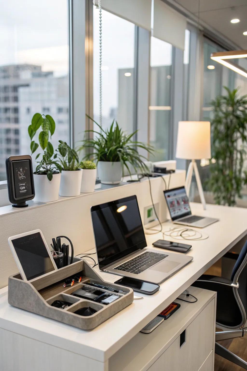 An organized tech hub keeps your workspace tidy and efficient.