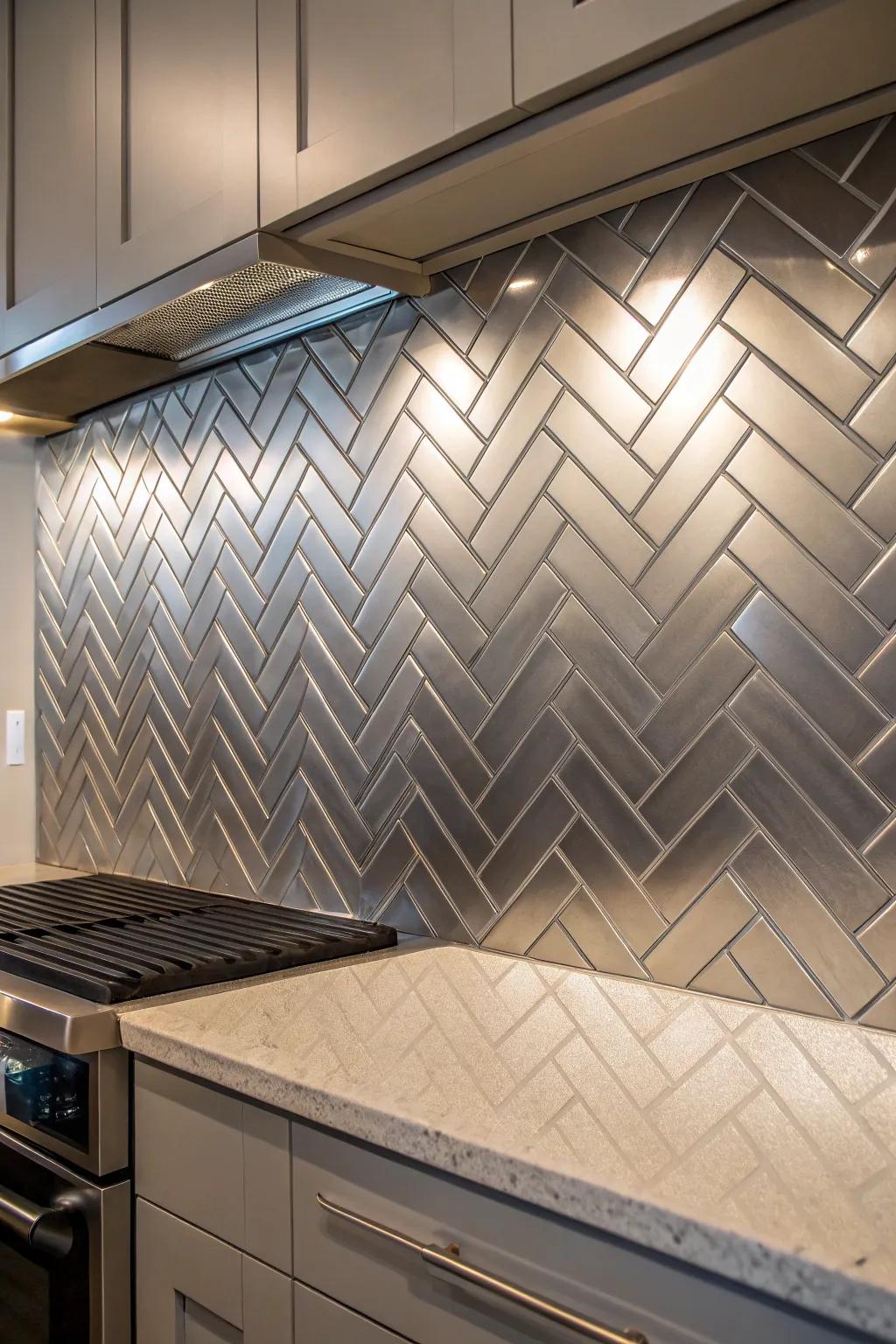 A kitchen wall featuring a textured chevron metal backsplash.