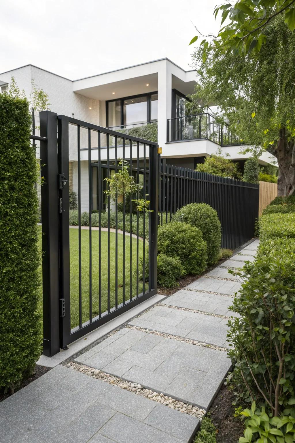 A sleek black metal gate that offers a modern touch to any home.