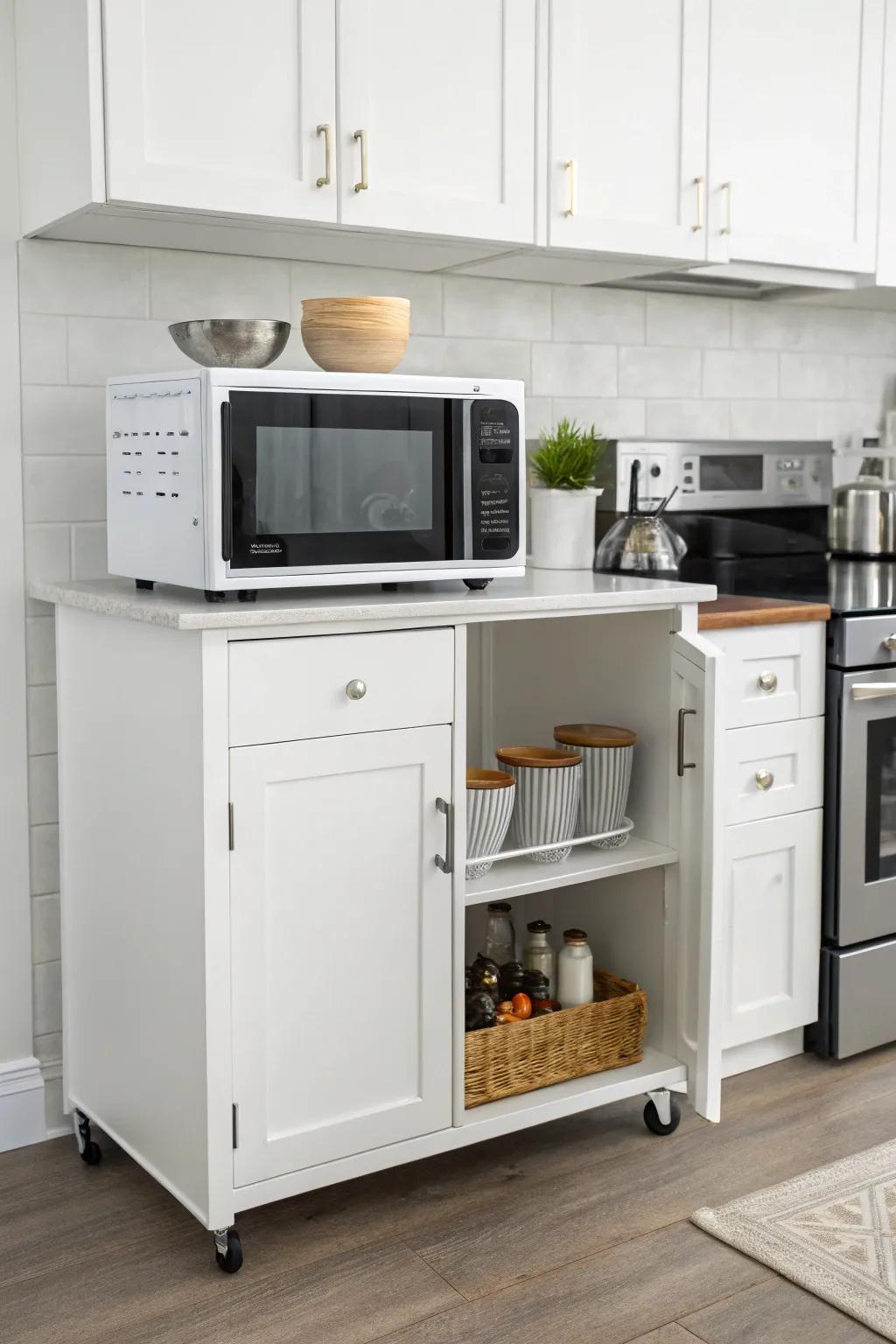 Keep clutter hidden with a cart featuring closed cabinets.