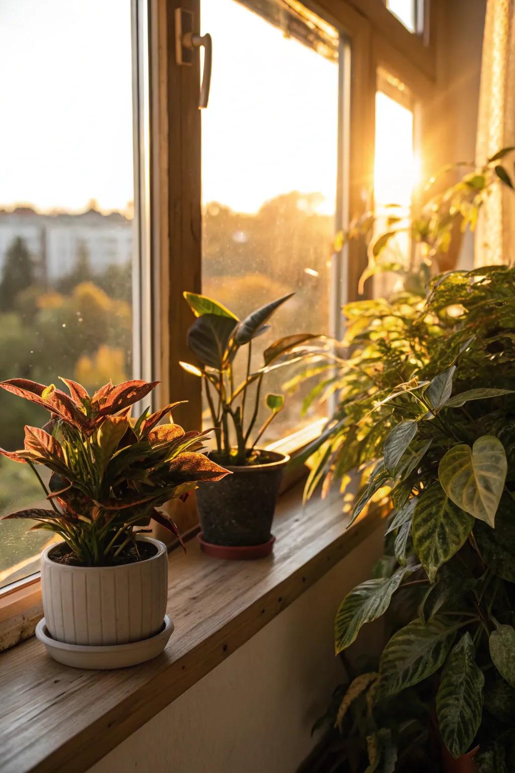 A selection of plants thriving on a sunlit windowsill.