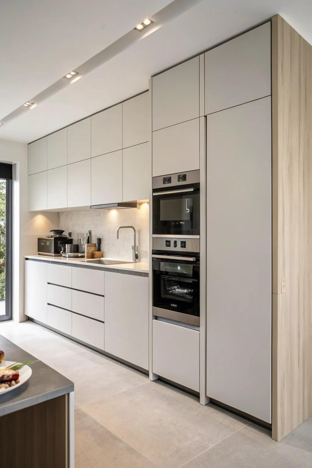 Integrated appliances in a minimalist kitchen for a smooth, cohesive appearance.