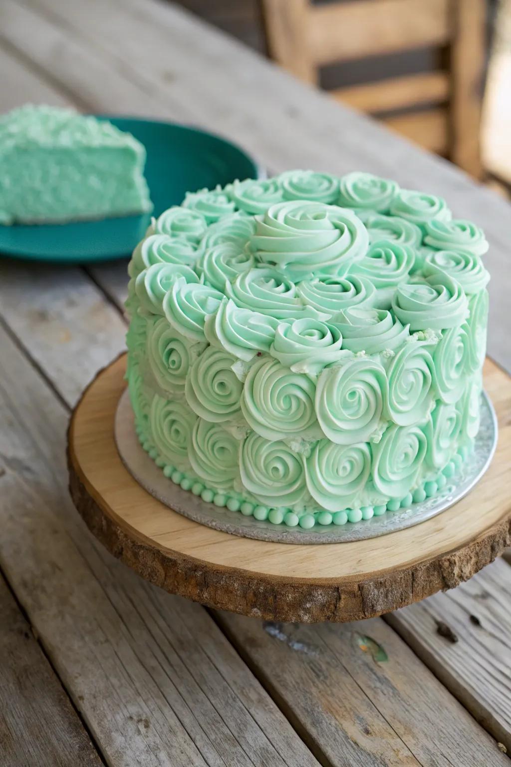 A mint green cake with beautiful buttercream textures.