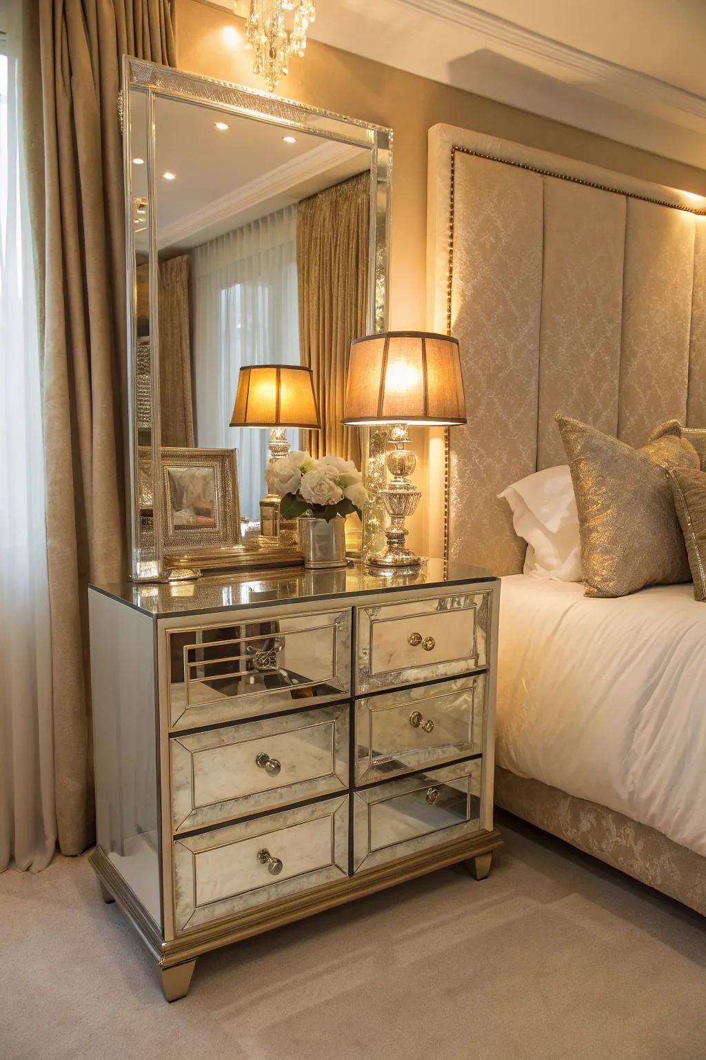 Mirrored furniture adds a touch of glamour and enhances space.