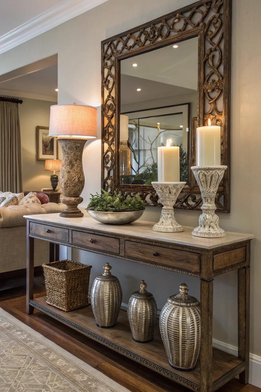 Mirrors above console tables enhance elegance and light.