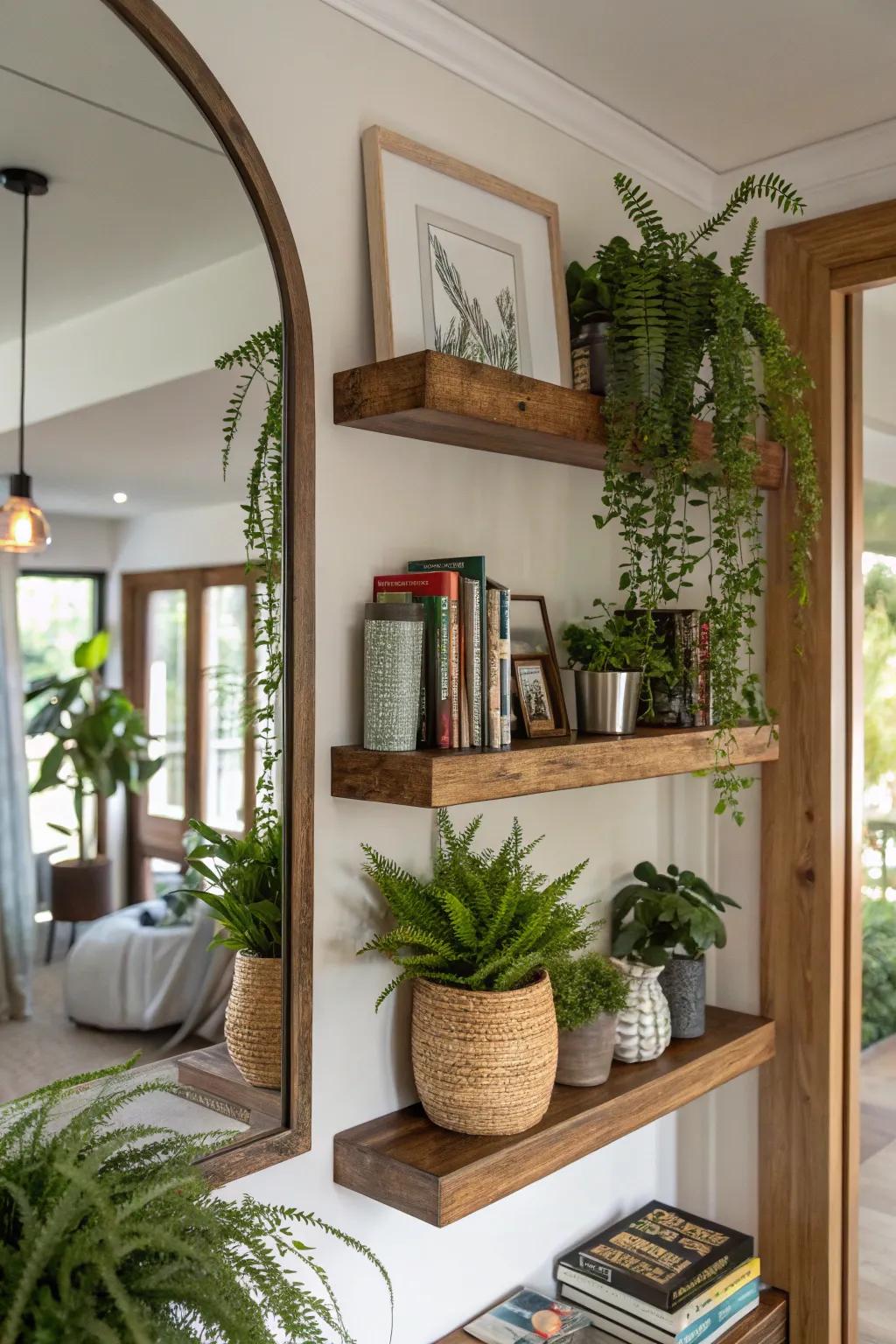 A well-utilized corner with a mirror and floating shelves for extra charm.