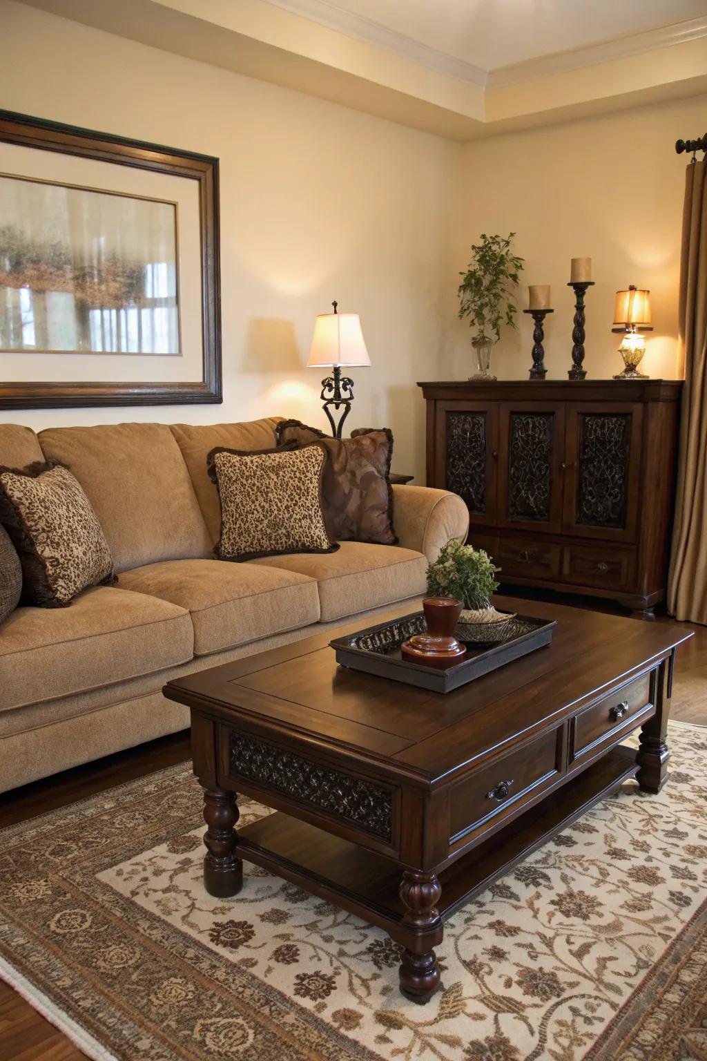 Dark accents add depth and contrast to the mocha couch setting.