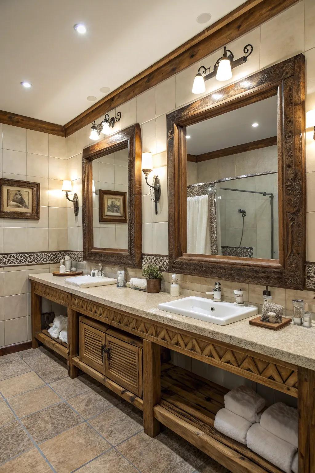 Oversized mirrors enhance space and light in this rustic bathroom.