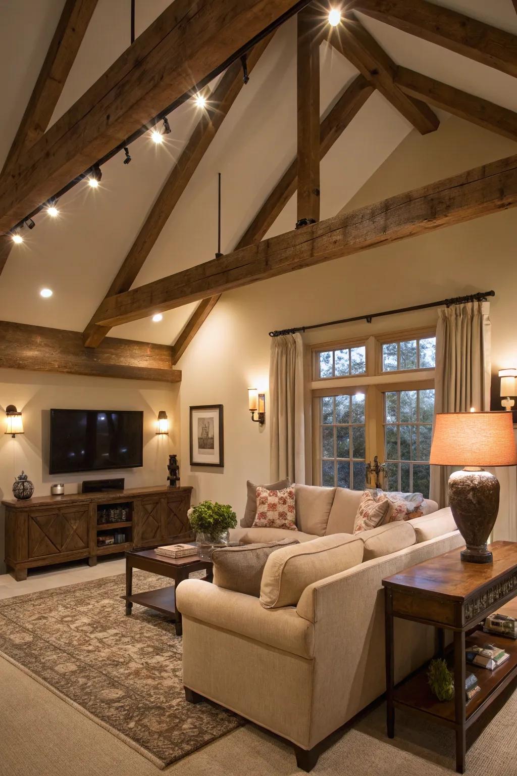 Lighting enhances the rustic beauty of exposed beams.