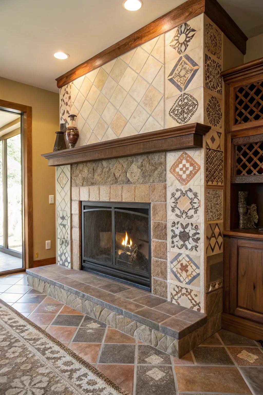 Fireplace with mixed texture tiles for added depth.