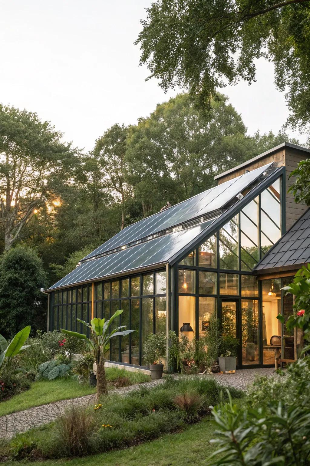 Eco-friendly glass house with sustainable design features.