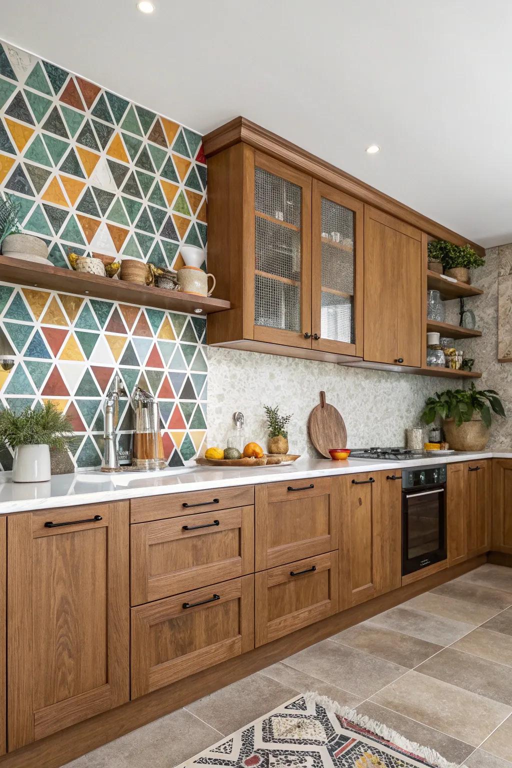 A modern backsplash adds character and depth to kitchens with oak cabinets.