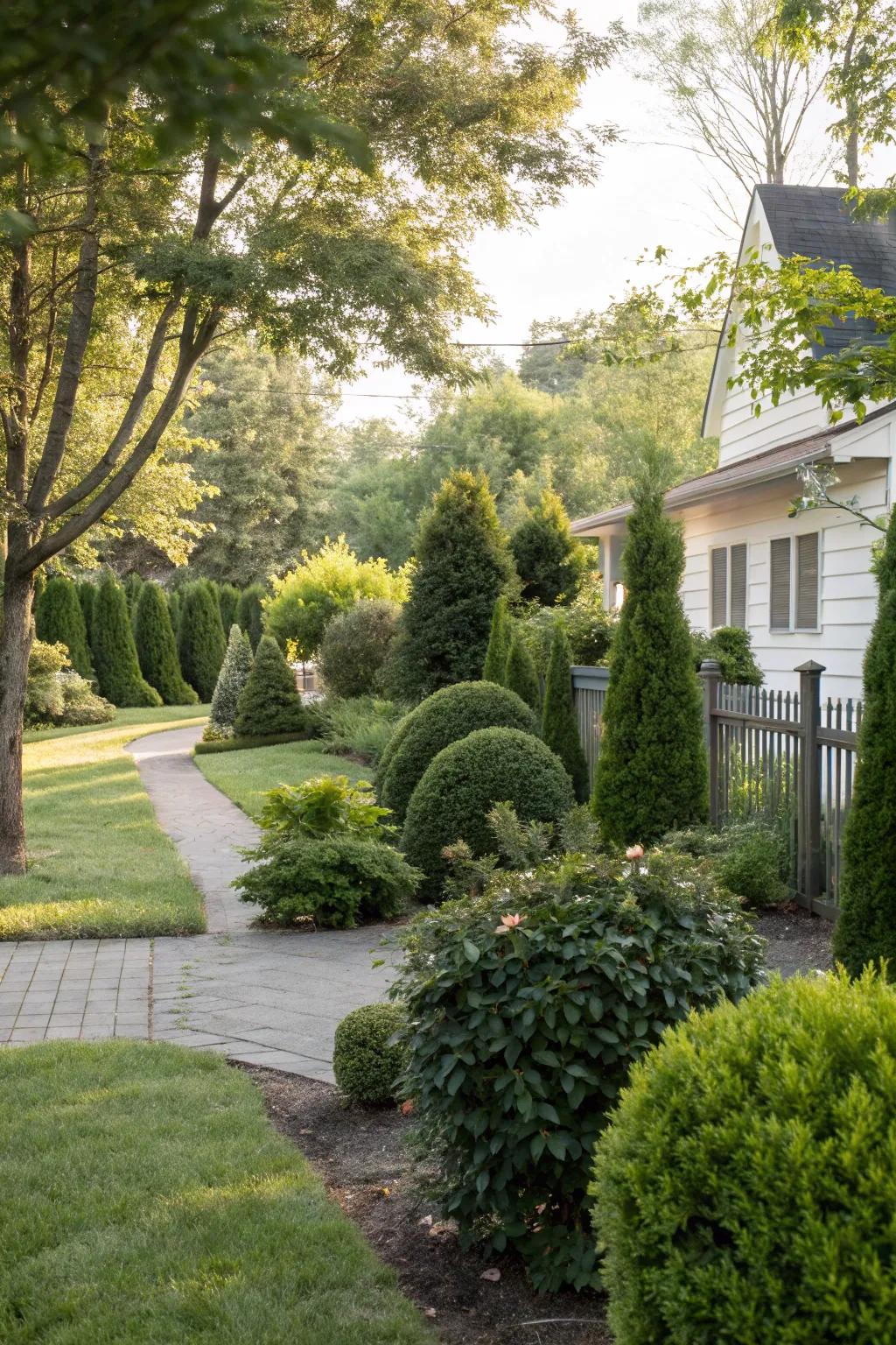 Evergreen plants in a front yard for continuous greenery and low maintenance.