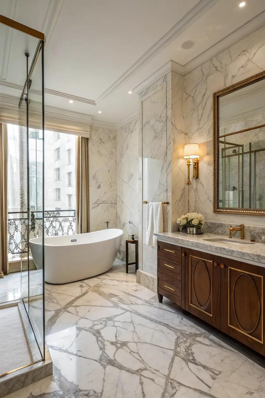 Luxurious materials such as marble bring sophistication to the bathroom.