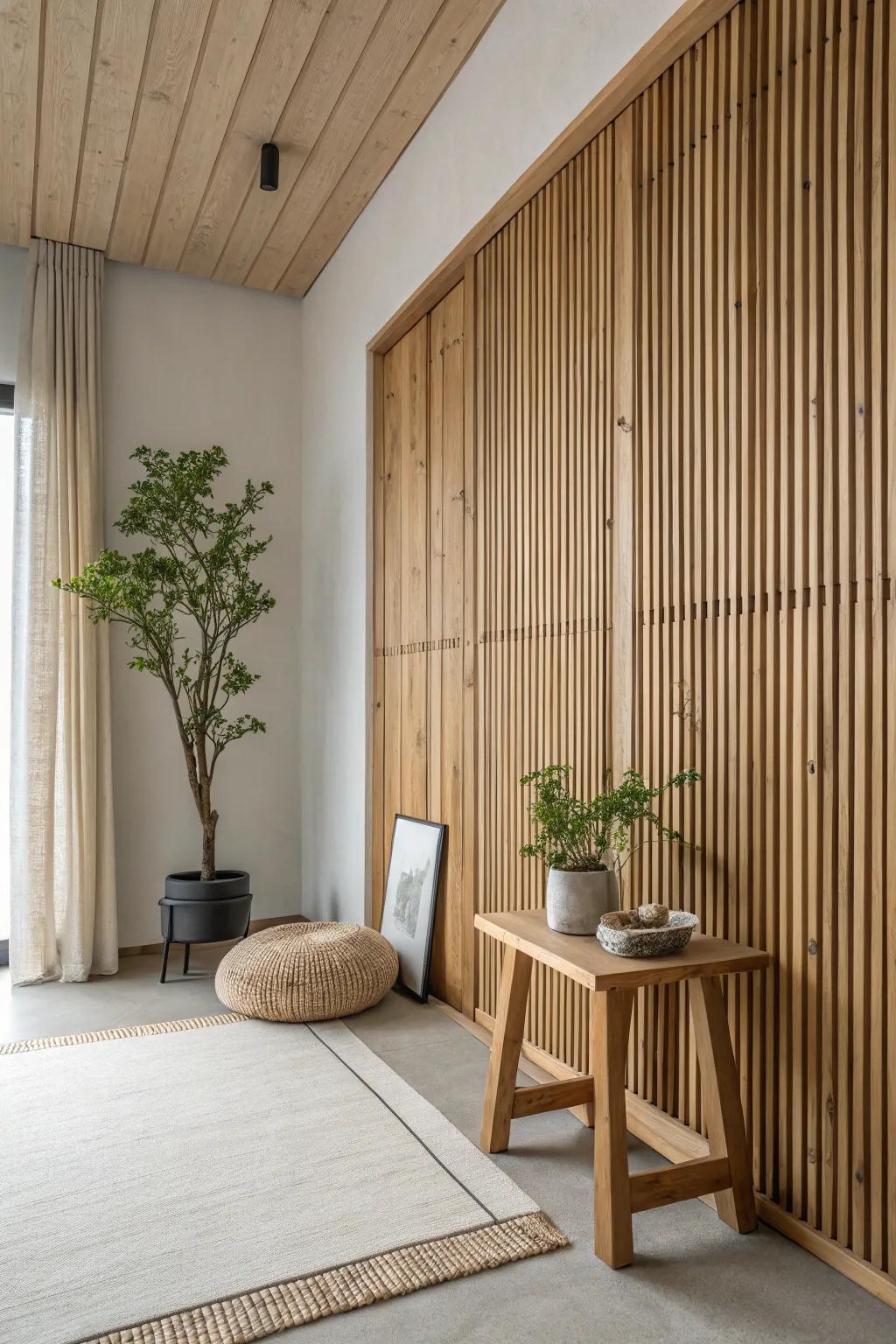 Achieve serenity with a natural wood slat wall that complements minimalist decor.