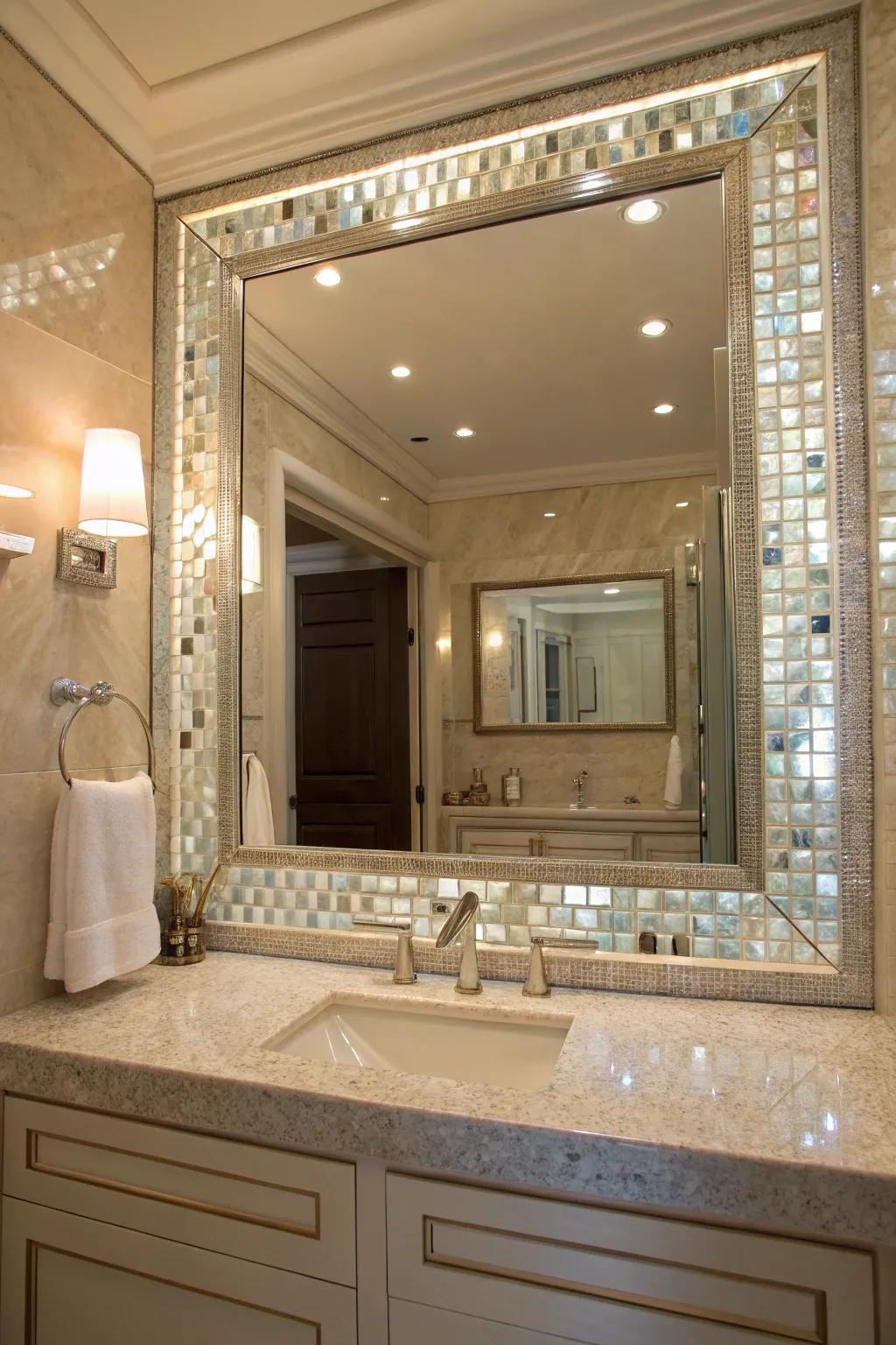 A mother of pearl mirror frame adds a touch of elegance and sophistication.