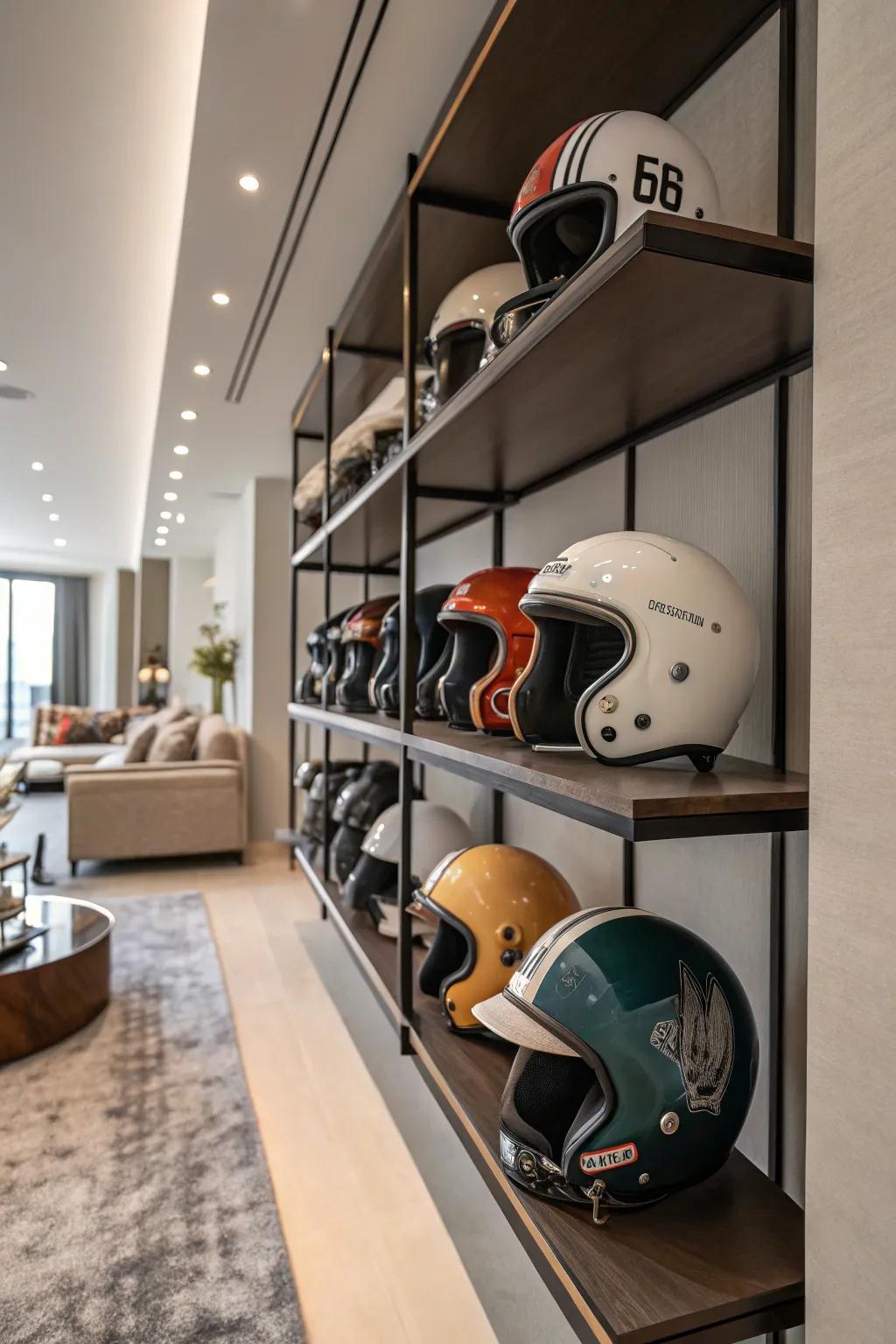 Vintage helmets displayed as unique decor pieces.