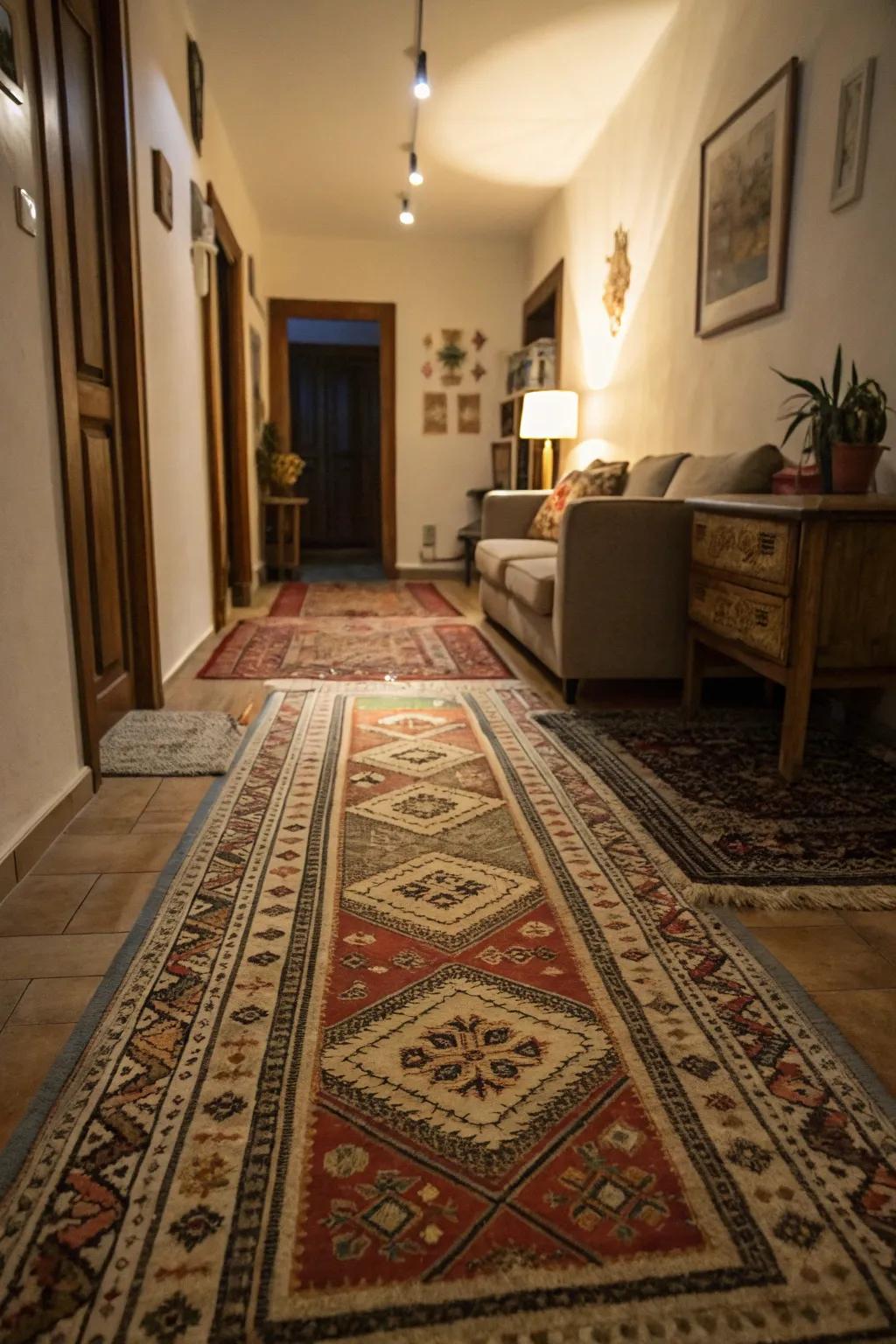 Layered rugs adding texture and warmth to a narrow living room.