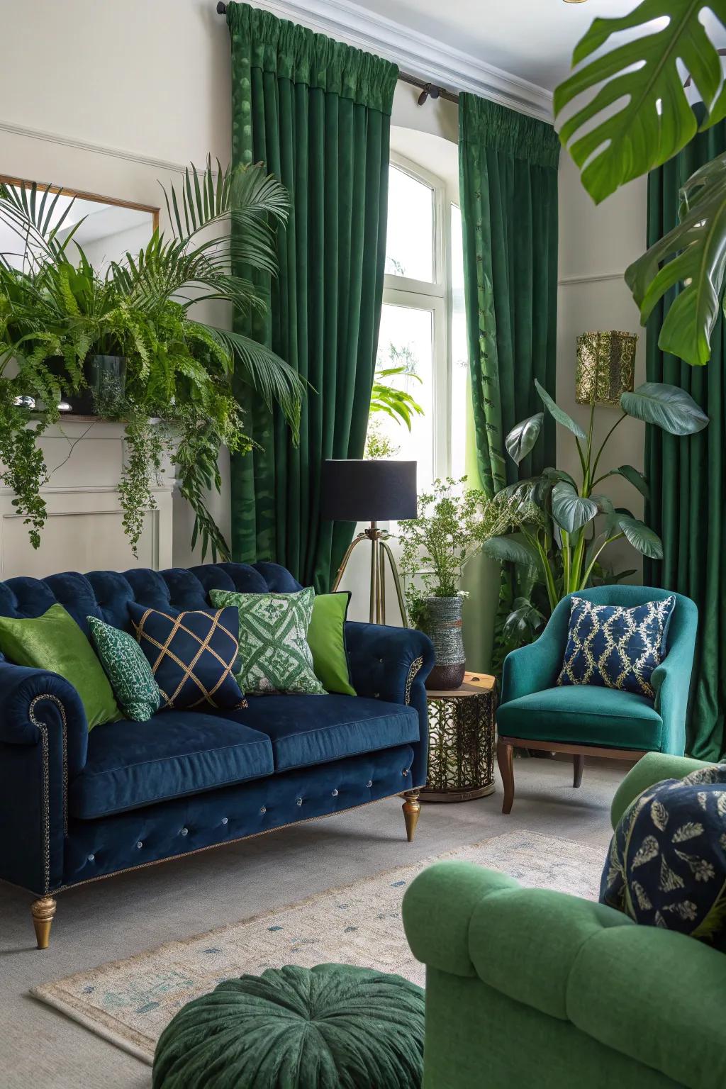 Indoor plants complement the green tones and add vibrancy.