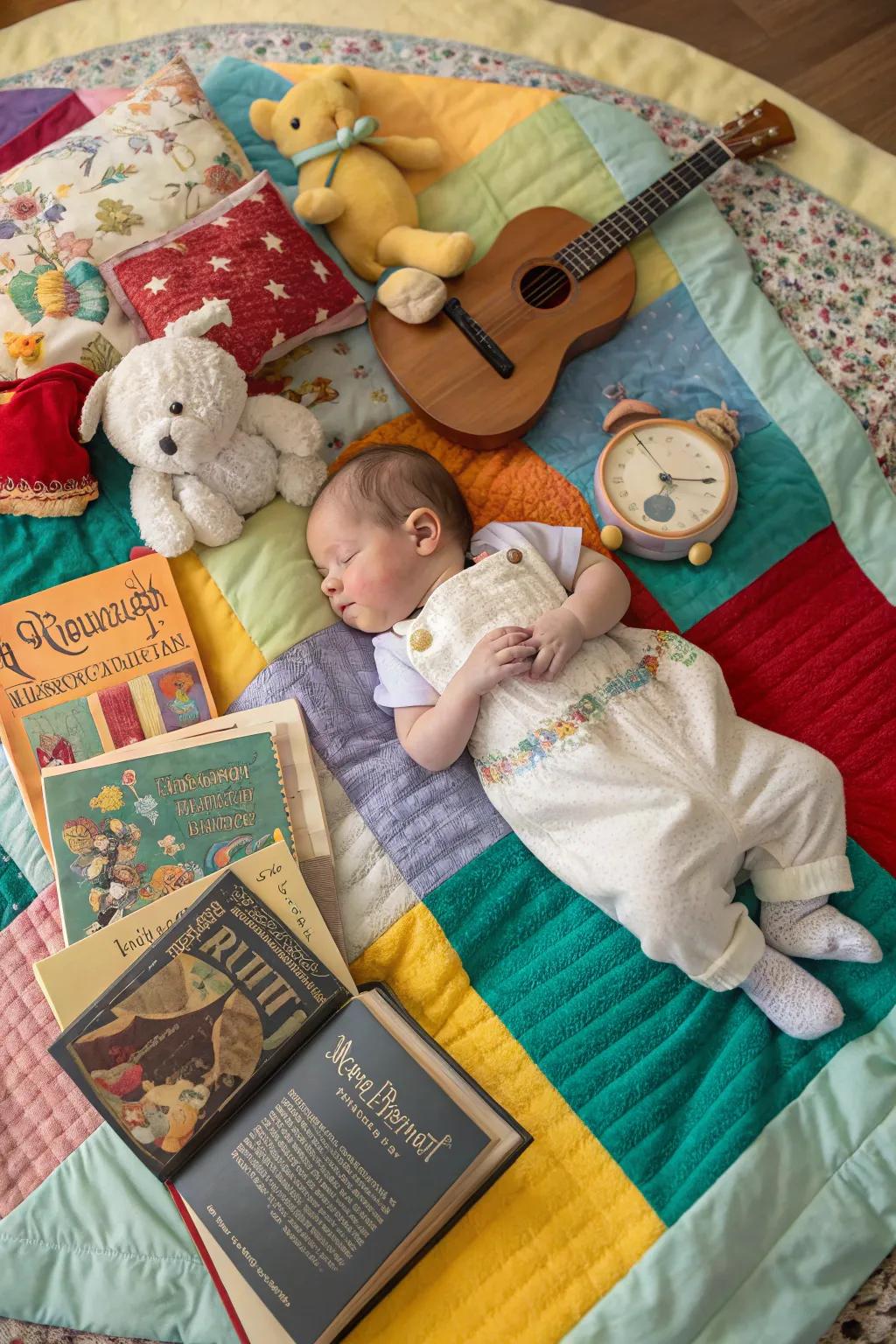 A newborn announcement with personalized themed props.