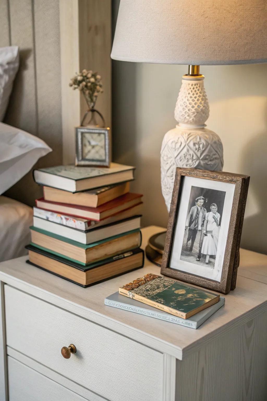 Personalize your nightstand with a selection of books and cherished items.