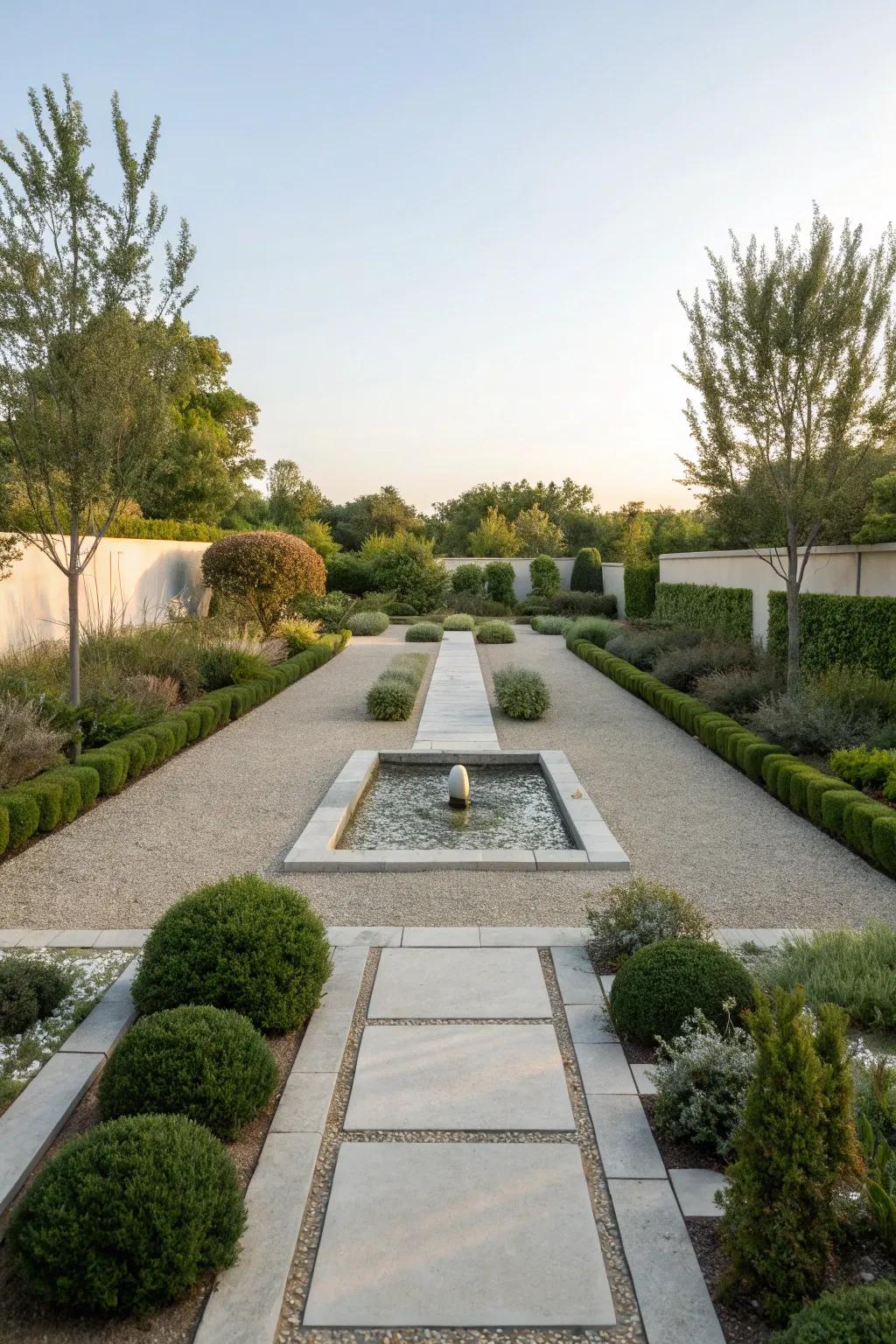 A calm and minimalist garden with low-maintenance elements.