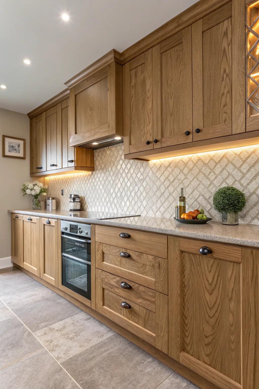 Textured backsplashes enhance the visual appeal of oak kitchens.