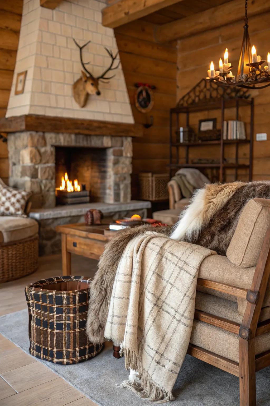 Hunting lodge interior featuring wool throws and fur accents for added texture.