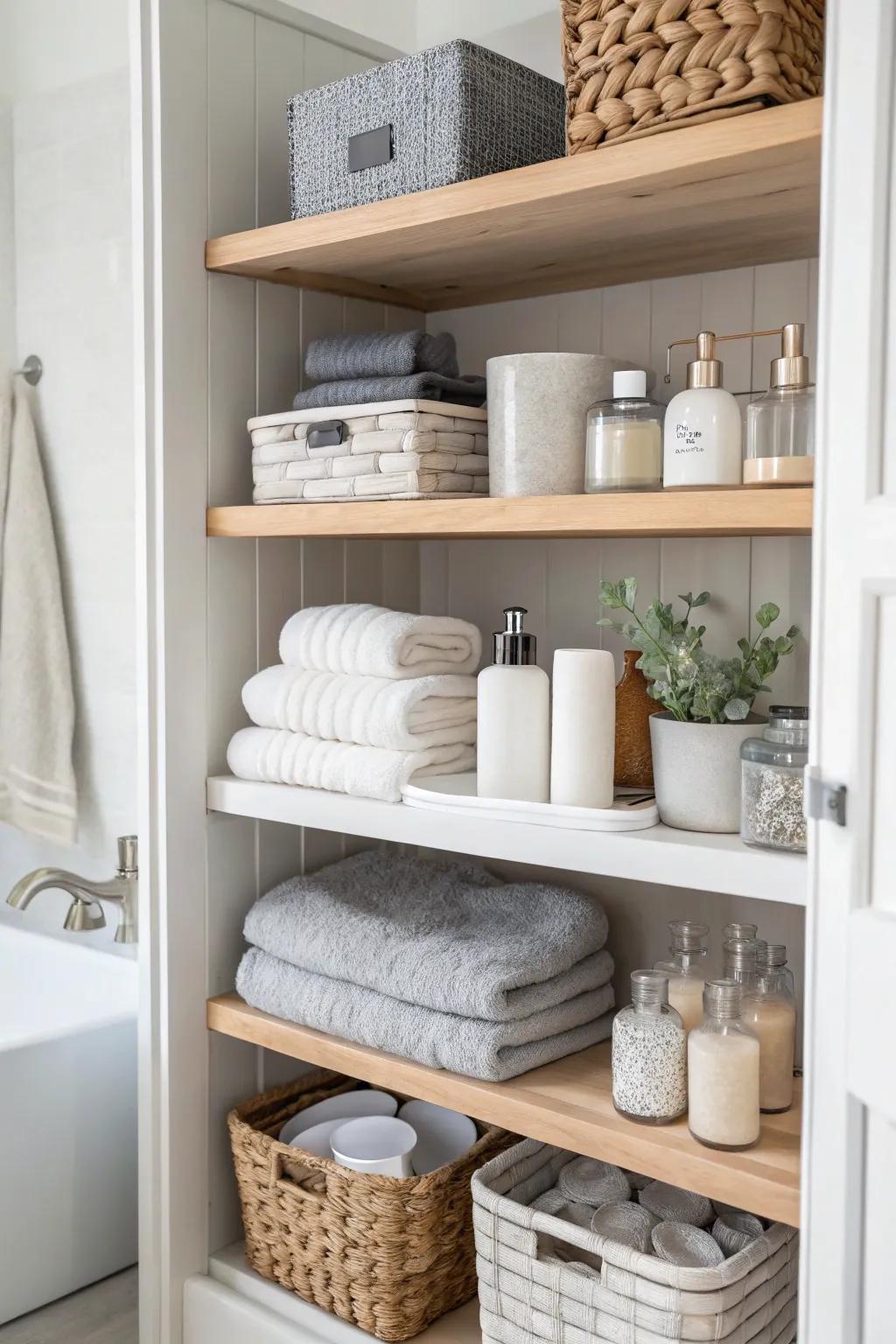 A neutral color palette brings serenity to open bathroom shelving.