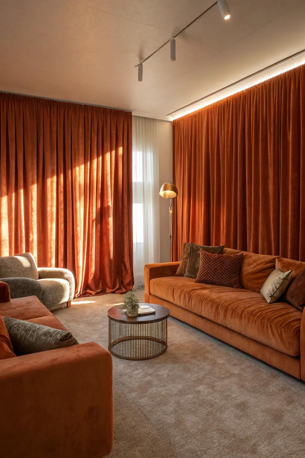 Velvet orange curtains adding a touch of luxury and warmth.