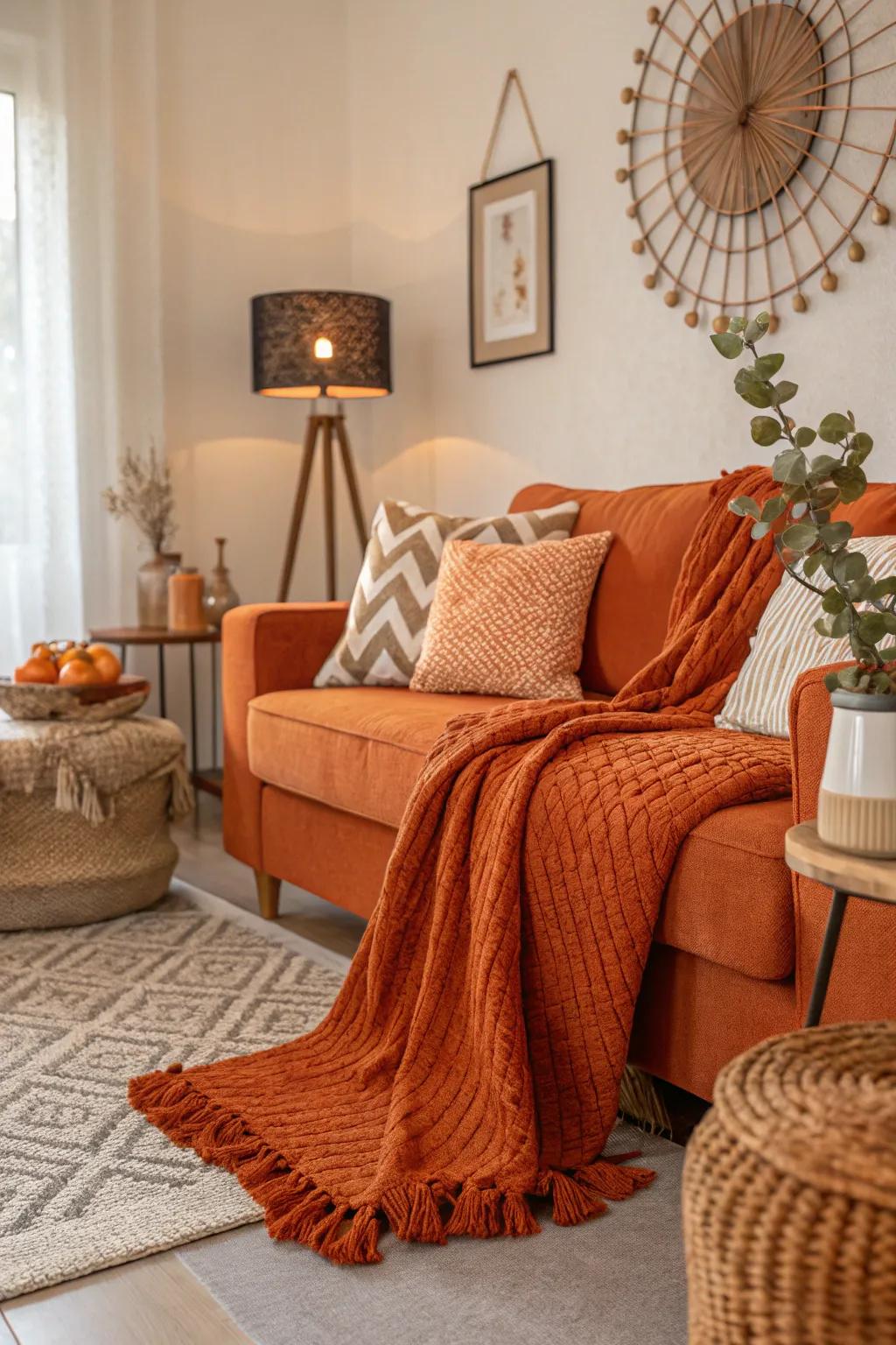 A living room with orange textured decor and layered textiles creating a cozy atmosphere.