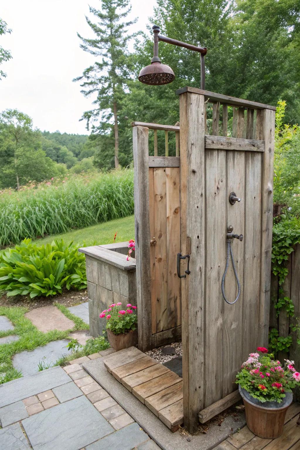 A vintage outdoor shower crafted from reclaimed wood.