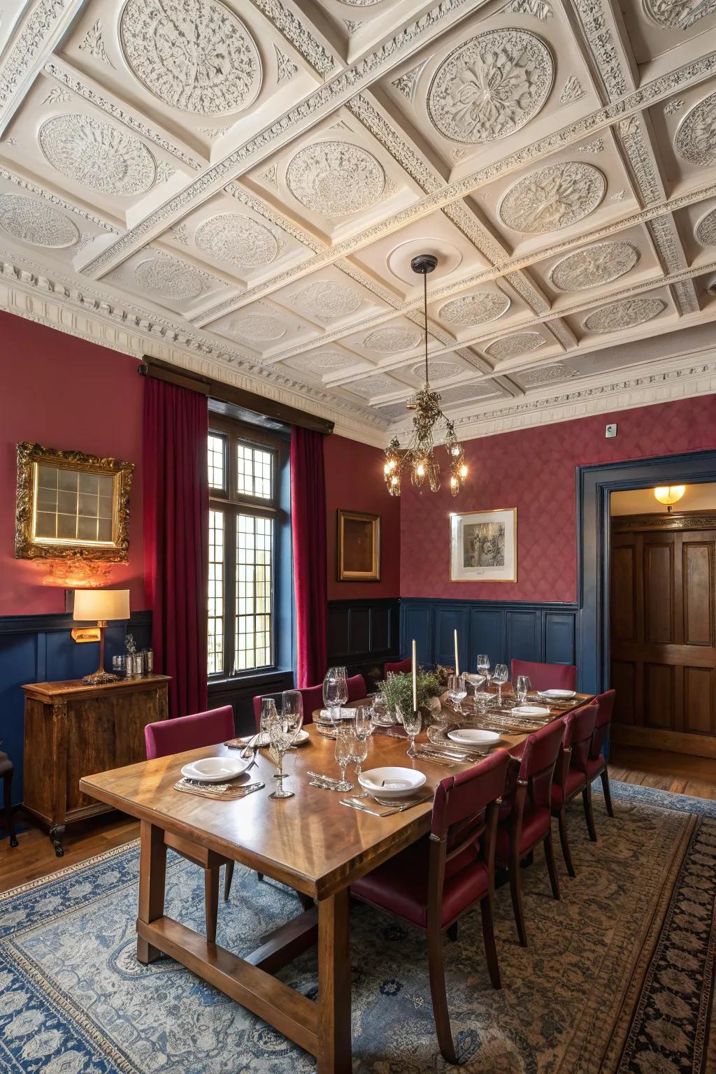 Coffered ceilings provide depth and elegance to dining spaces.