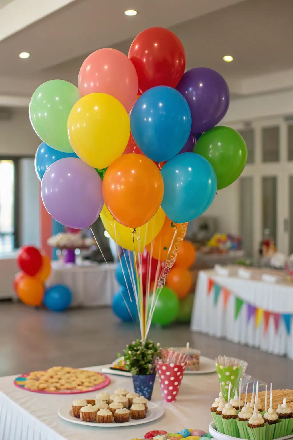 A playful balloon centerpiece in party colors.