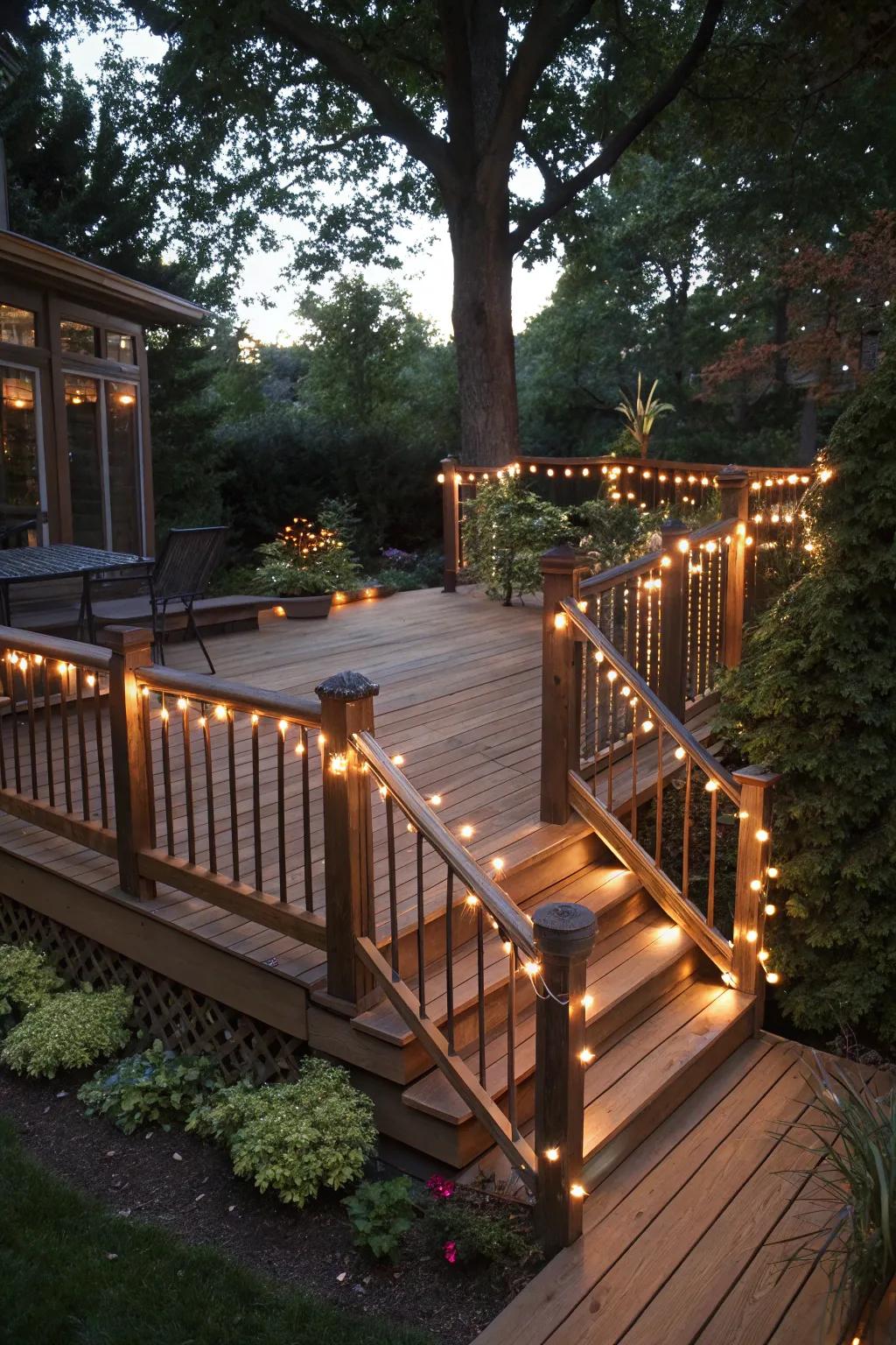 Highlight deck railings with glowing lights.