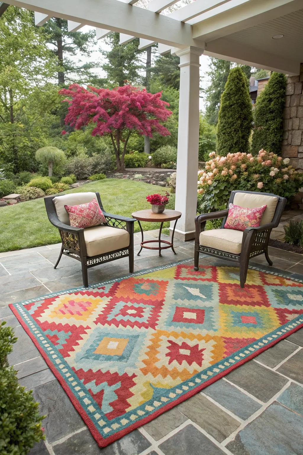 An outdoor rug bringing style and comfort to the patio.