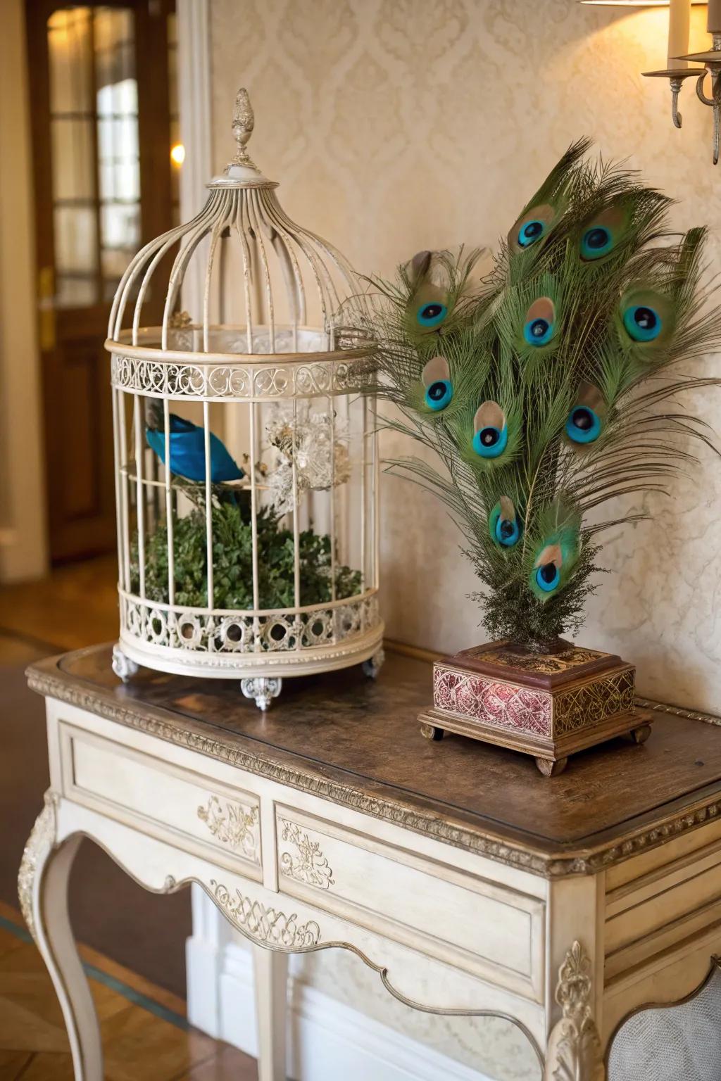 A whimsical birdcage centerpiece filled with peacock feathers.