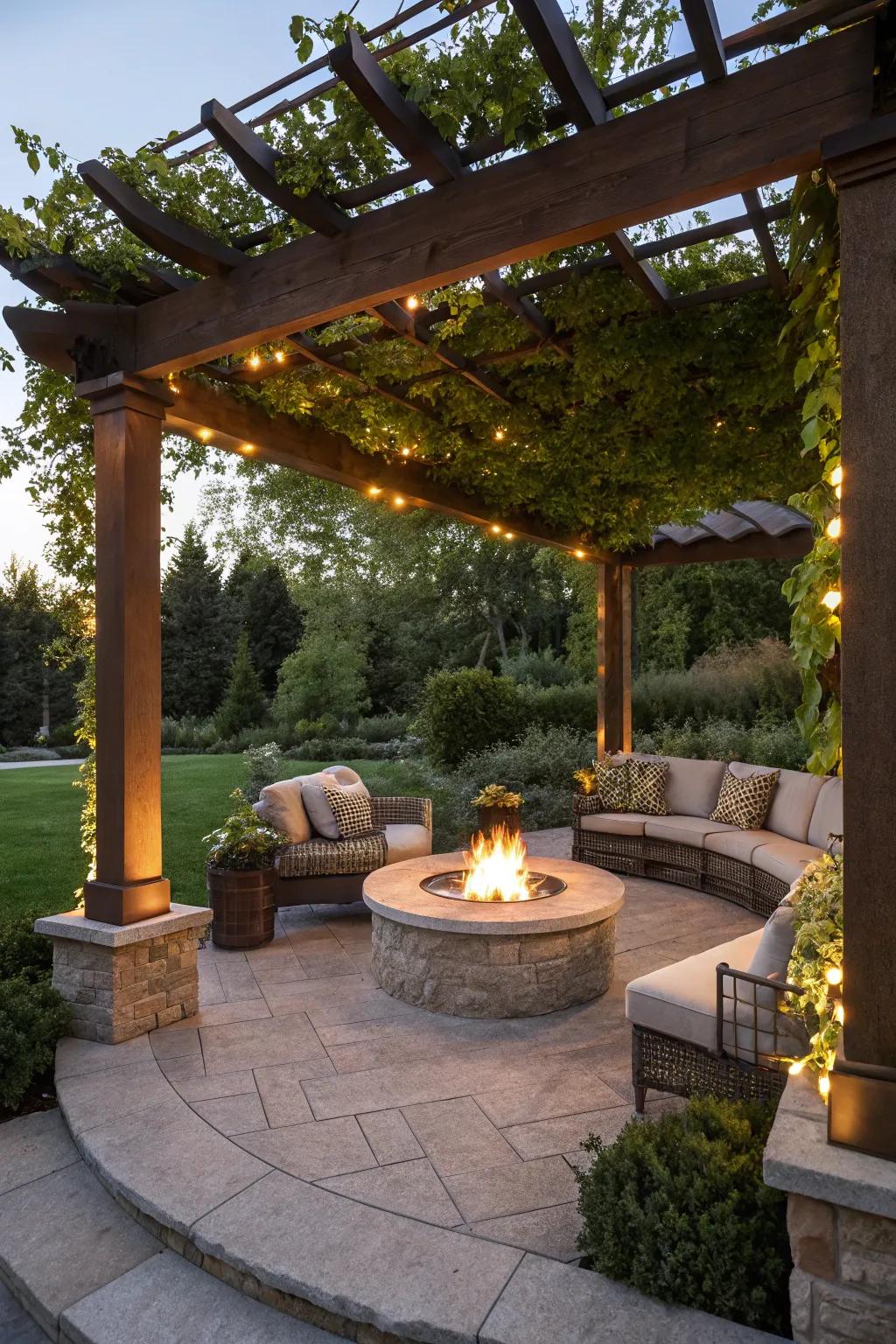 A fire pit creates a cozy gathering spot under the pergola.