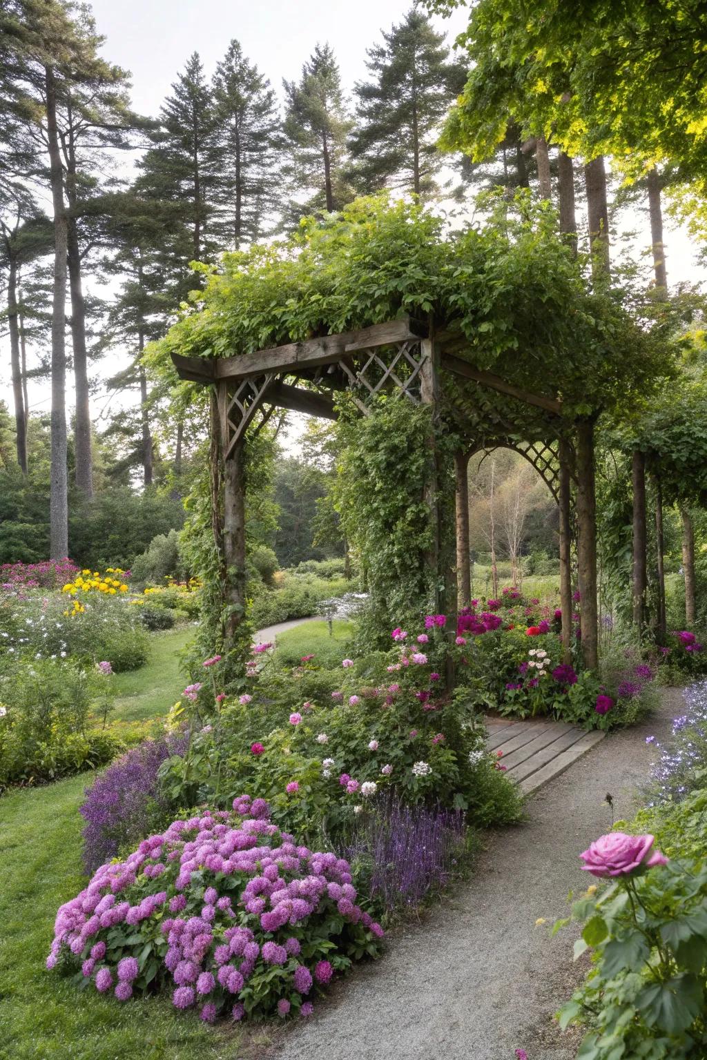 Create a secret garden vibe with lush greenery around your pergola.