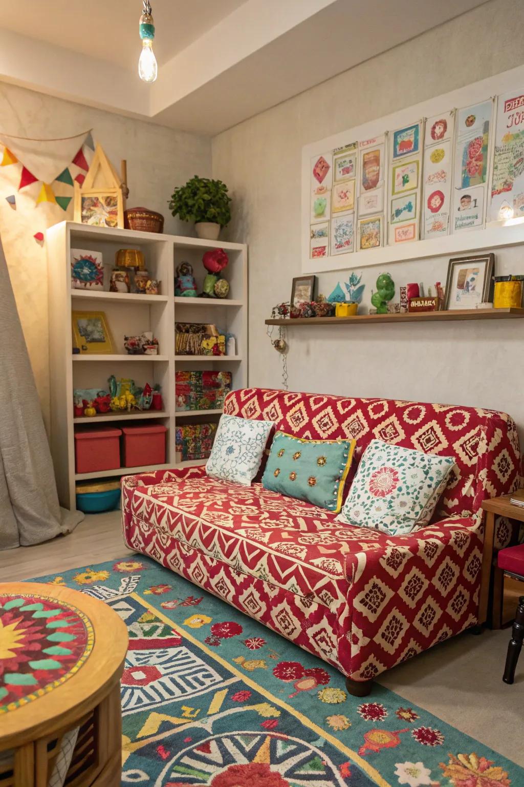 A stylish playroom with a couch featuring bold patterned upholstery.