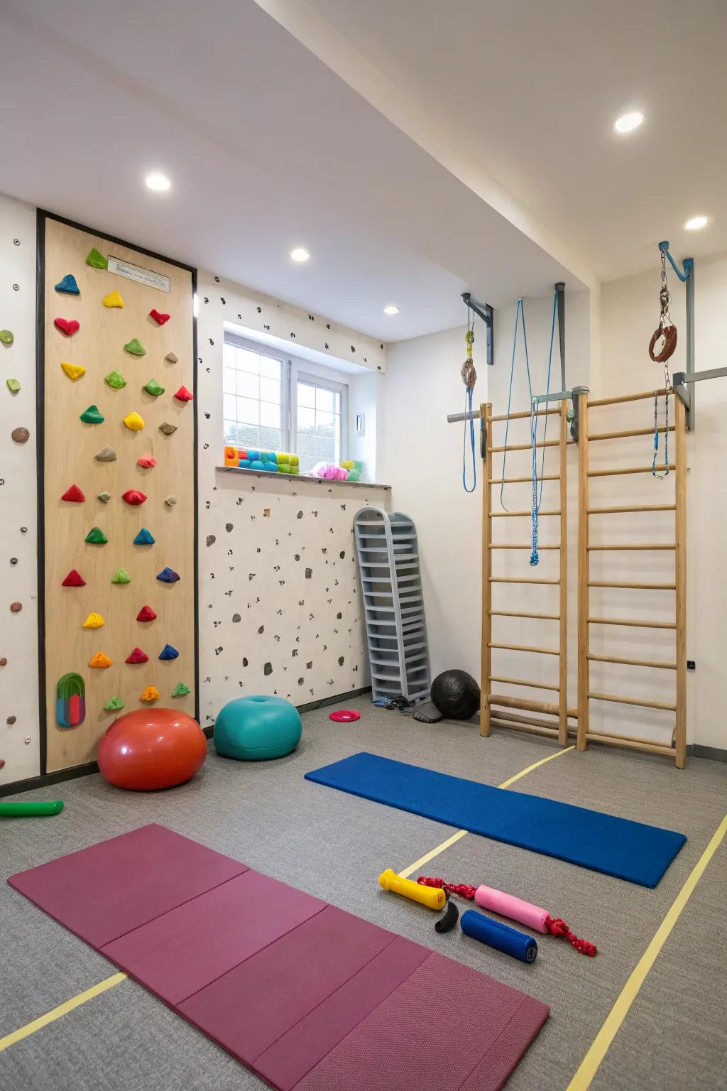 A playroom featuring exercise equipment for a healthy lifestyle.