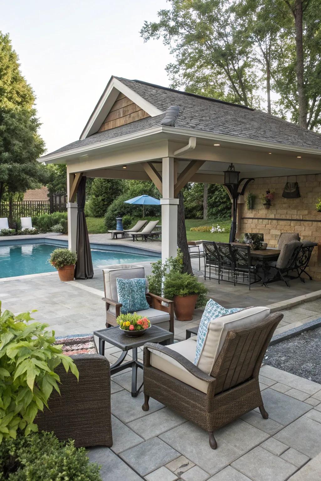 A functional pool house with shaded patios and lounging areas.