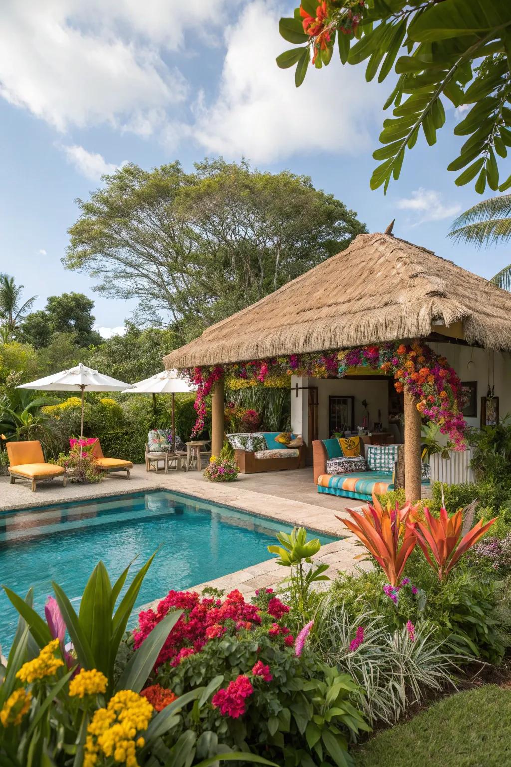 Turn your pool house into a tropical paradise with vibrant greenery