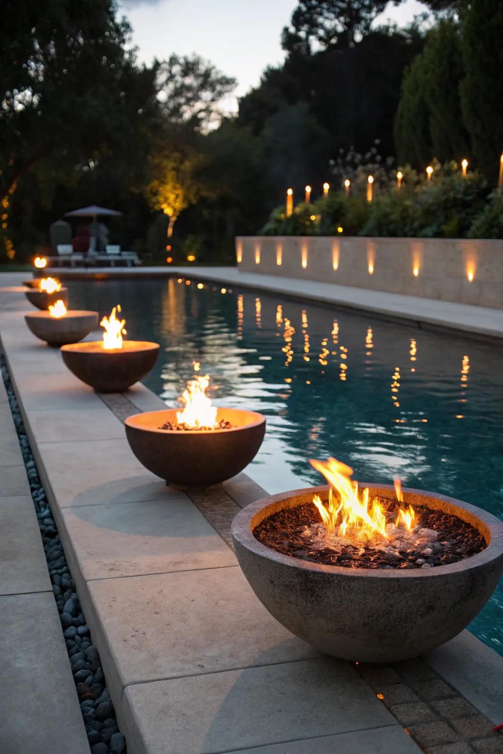 A pool with fire bowls creating a warm, inviting atmosphere.